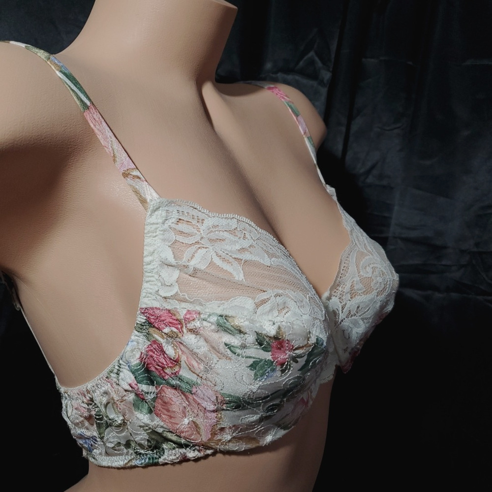 USA Vintage VICTORIA'S SECRET Underwire Unlined FLORAL SATIN Gold Label 34C FLAW